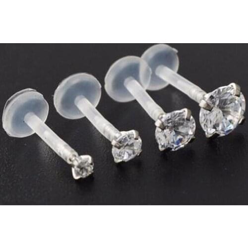 SaYao 2 Pieces 16G Bioplast Flexible Lip ring Round Zircon push in Labret Rings ear tragus stud Body Piercing