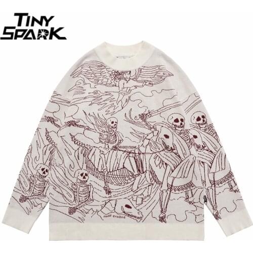 Men Hip Hop Knitted Sweater Streetwear Human Skeleton Letter Print Pullover 2021 Autumn Harajuku Cotton Casual Sweater Black