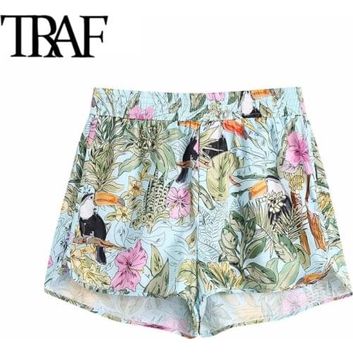 TRAF Women Chic Fashion Toucan Print Shorts Vintage High Elastic Waist Side Pockets Female Short Pants Mujer
