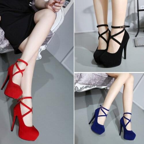 2019New Ladies High Heels Pumps Flock Women Cross Strap Buckle Strap Women Platform Wedding Bridals Stiletto Size 34-42