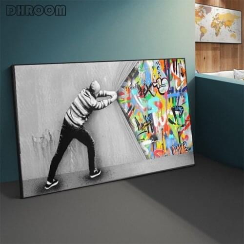 Street Art Banksy Graffiti Poster Print Behind The Curtain Canvas Paintings Cuadros Wall Art Pictures for Living Room Home Decor