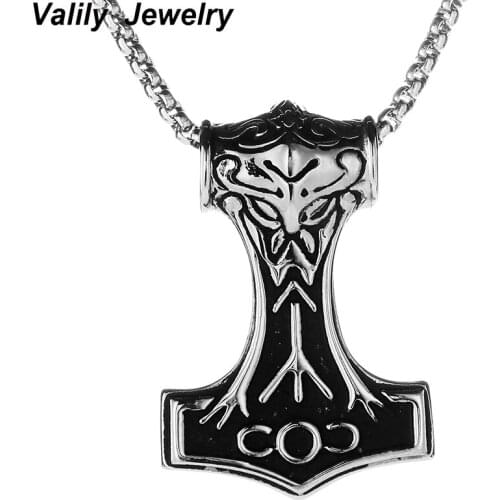 Valily Jewelry Mens Thor Hammer Necklace Stainless Steel Gold Punk Statement Mjolnir Pendant Necklace For Men Viking Amulet