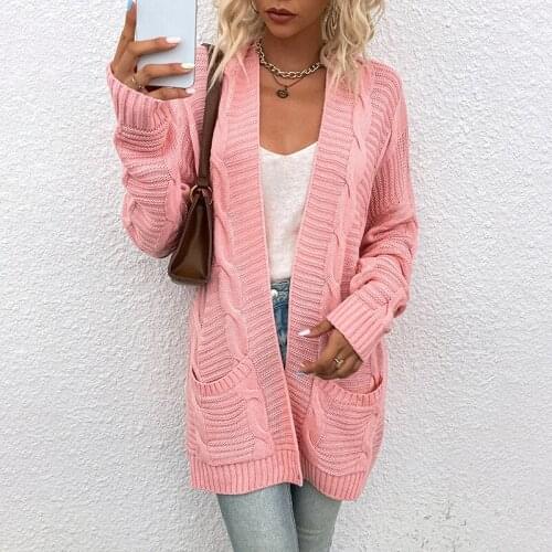 Twisted Sweater Winter Double Pockets Long Sleeve Teenagers Knitwear Cardigan Knitted Casual Loose Sweaters Pull Oversize Femme