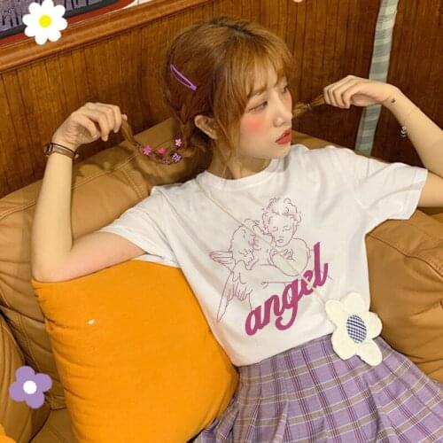 Tumblr Kawaii Angel Pink Cute Sweet Print Tops Summer Ulzzang Vintage Harajuku Chic Loose E-Girl Streetwear O-neck Women T-shirt