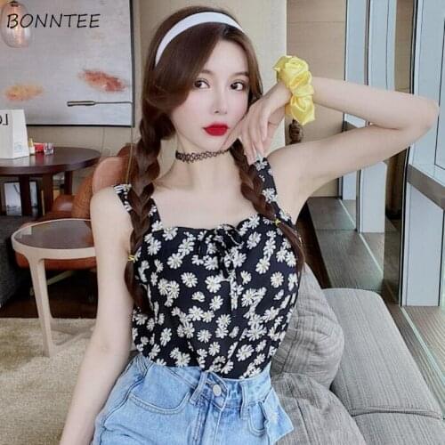 Camisole Women Sweet Daisy-printed Lovely Girls Chiffon Loose Tops Summer Floral All-match Hipster Retro Casual Korean Style Ins