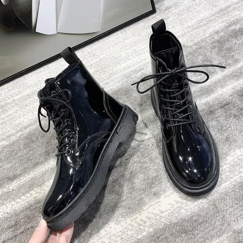 Bright Black PU Leather Ankle Boots Women Autumn Winter Round Toe Lace Up Shoes Woman 2021 New Fashion Motorcycle Platform Botas