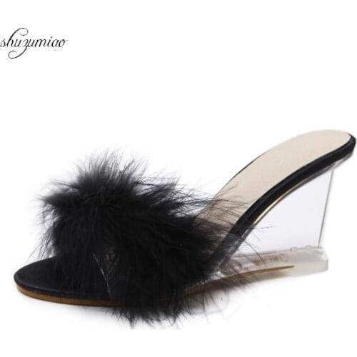 3 Color Female Slipper 35-40 Women Shoes Slides Ultra-high-heeled 8.5cm Feather Wedges Crystal Transparent Wedding Shoes