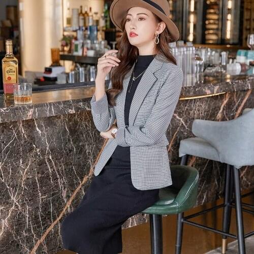2021 Elegant Autumn Winter White Apricot Plaid Women Blazers Long Sleeve Coat Female Outerwear Office Lady Jacket Workwear Tops