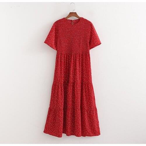 Hot summer ladies long red dress girly floral print dress short sleeve round neck cocktail dress