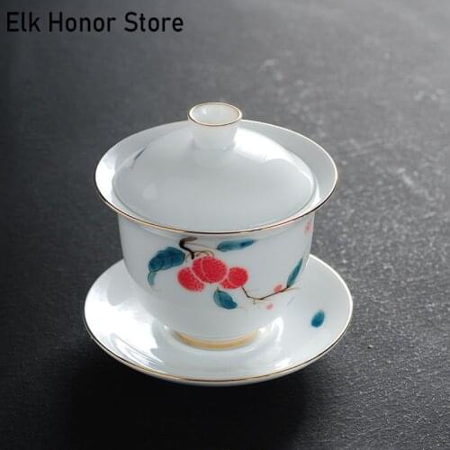 150ml White Jade Porcelain GaiWan Hand Painted Litchi Fruit Art Tea Tureen Tea Bowl With Saucer Lid Kit Master Drinkware Teaset