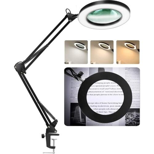 2021 NEW Magnifying Glass LED Lamp Adjustable Clip on Desk Magnifier Lamps with 3 Colors Illuminated USB Magnifying Lamp
