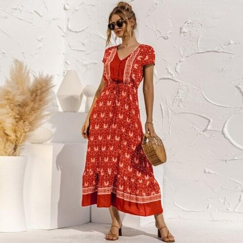 2021 Casual Print Boho Dress Summer Elegant Vintage Short Sleeve Button Bow Tie Strap Slim Patchwork Women Patchwork Midi Dress