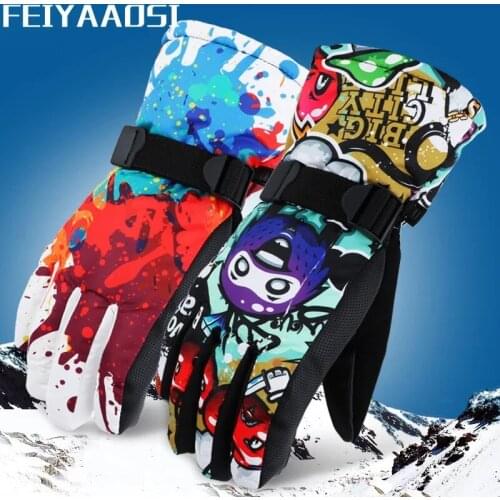 AS FISH Winter Warm Snowboard Ski Gloves Waterproof Thicken Skiing Mittens Snowmobile motorcycle snow monster scrawl printed