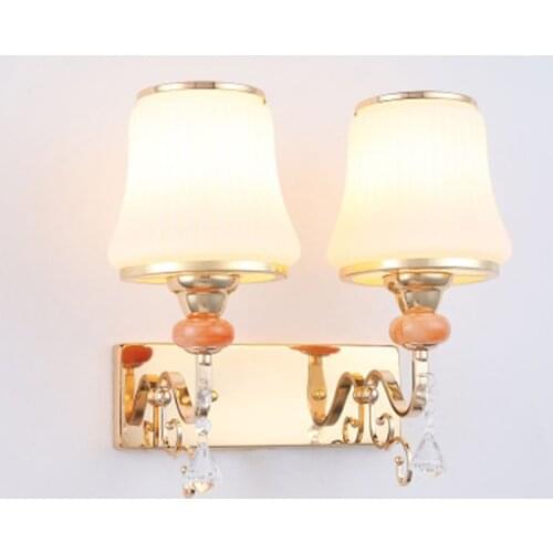 European Bedroom Bedside Wall Lamp Living Room Aisle Hotel Wrought Iron Gold Double-Headed Frosted Glass Wall Lamps