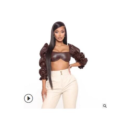 Brown PU Short Crop Tops Women’s Lantern Sleeve Leather T-shirt Fashion Solid Color Bandage Backless Exposed Navel Tops
