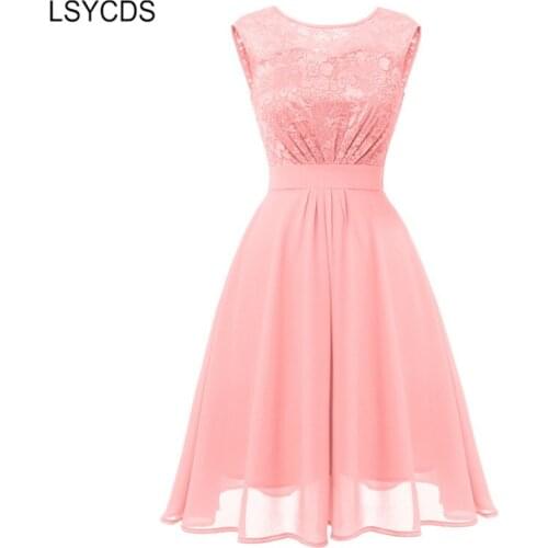 LSYCDS Womens Clothes Sexy Dress 2020 Women O-Neck Sleeveless Blue Wine Red A-line Hollow Out Night Club Party Lace Dresses