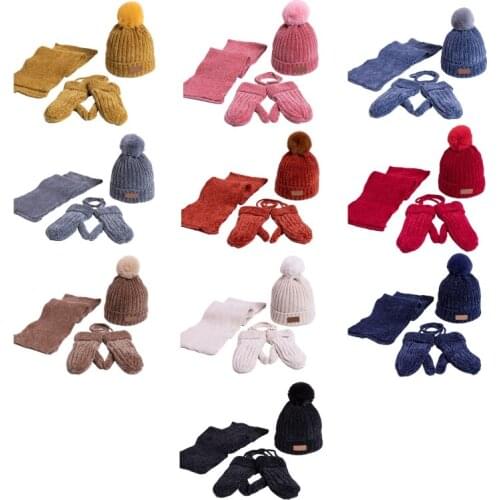Kids 3Pcs Winter Warm Beanie Hat Long Scarf Gloves Set Chenille Velvet Knit Plush Lined Solid Color Pompom Skull Cap
