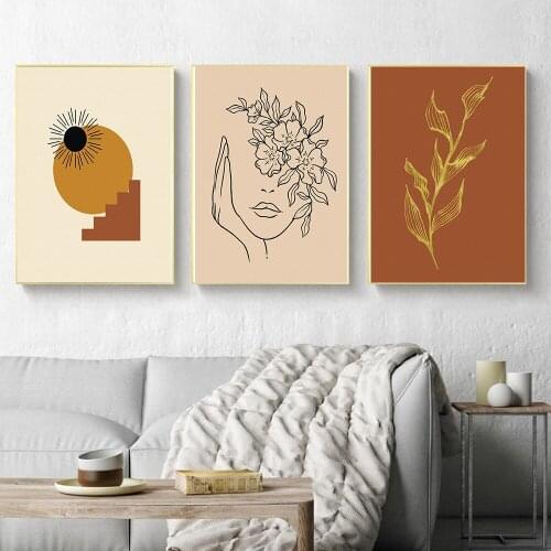 Boho Wall Art Print Abstract Line Woman Portrait Fashion illustration Poster Botanical Plant Art Canvas Painting Wall Decor