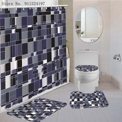 Simple Geometric Plaid Printing Waterproof Shower Curtain Bathroom Non-slip Rug Set Bath Carpets Toilet Seat Cover Floor Mat