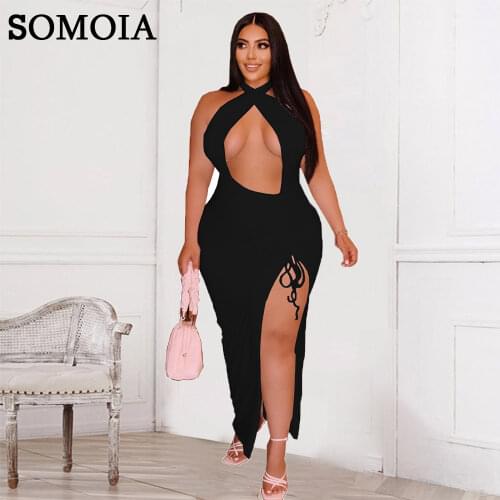 Plus Size Solid Color Womens Clothing Custom Sexy Sleeveless Hollow Fashion Hanging Irregular Split Strap Temperament Dress