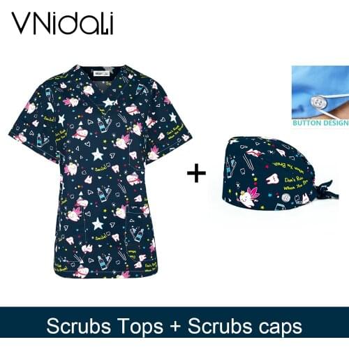 2021 Print Nursing Scrubs Tops Shirt Casual Short Sleeve Dental dentist Scrubs Uniforms Nurse Blouse V-neck Pocket Women Clothes