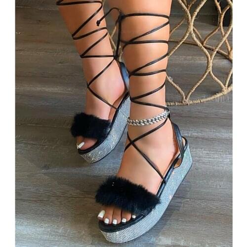 Bling Rhinestone Fur Strap Shoes Slip-On Entry Platform Sandals for Women Chunky Shoes Summer Beach Shoes Outdoor Slippers Black
