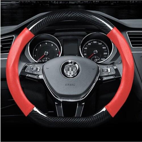 SmRKE Universal Size M 15" 38CM Car Steering Wheel Cover D shape Carbon Fiber Red Leather Car Styling