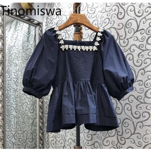 Tinomiswa Pearl Decoration Square Collar Blouse Women Unicolor Casual Puff Sleeve Shirts Korean Style Chic Tops Blusas Mujer