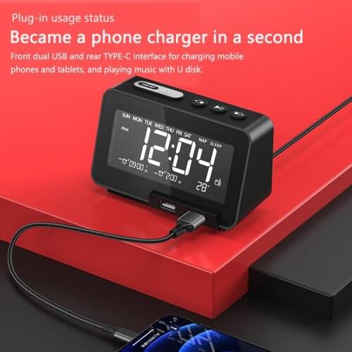USB LED Alarm Clock + FM Radio + Wireless Bluetooth-compatible Speaker + 2 USB Charger Port Digital Display For Office Home