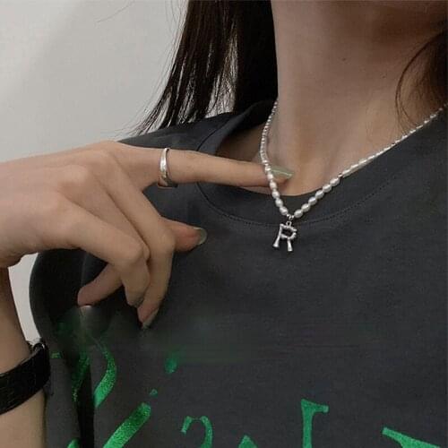 VSnow Temperament Pearl Beaded Metallic Letter Pendant Necklace for Women Girls Korean Fashion Hollow Out Necklace Jewellery