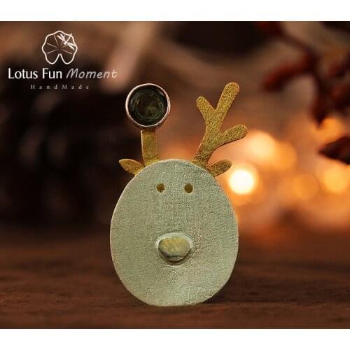 Lotus Fun Moment Real 925 Sterling Silver Natural Tourmaline Handmade Fashion Jewelry Christmas Joys Cute Reindeer Brooches