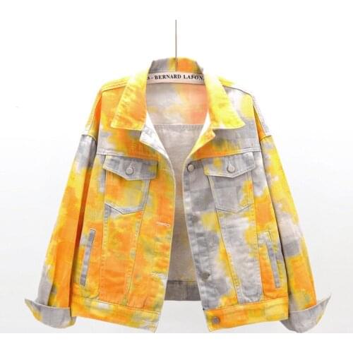 Fashion Tie Dye Print Denim Jacket Coat Women Korean Style Pink Yellow Outerwear Loose Long Sleeve Short Jeans Jackets Female