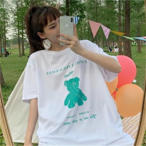 Womens T-shirts Tops Japanese Kawaii Ladies Ulzzang Casual Bear Print Loose T-shirt Female Korean Harajuku Clothes For Women
