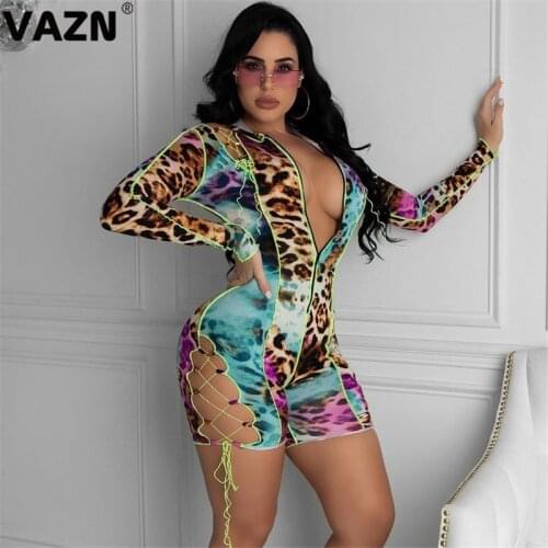 VAZN Top Quality Women Stretch V-neck Fashion Leopard Print Sexy Full Sleeve Party Beach Bandage Playsuits Robe Rompers