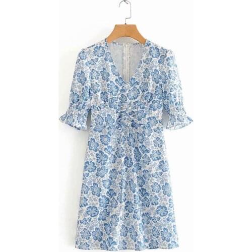2021 summer new temperament light-ripe French blue porcelain waist strap slim dress womens DLQZ845