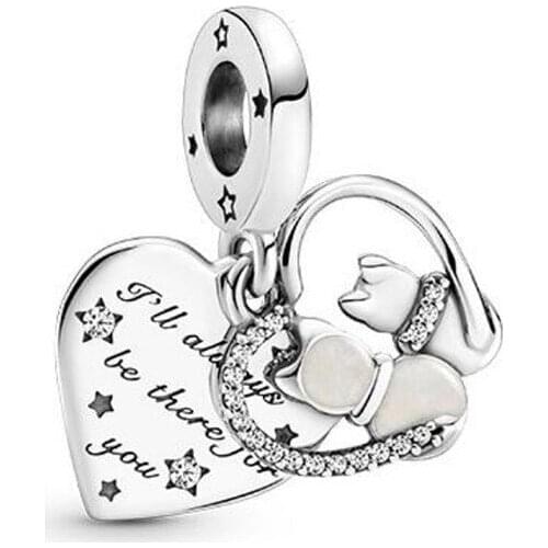 100% 925 Silver New Cat And Love Pendant For Original Pandora Bracelet Necklace Womens Diy Charm Jewelry