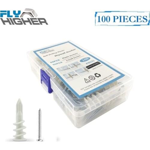 100pcs Drywall Anchors Plastic Self Drilling Hollow Wall Anchors with Screws Assortment Kit (13x42mm)