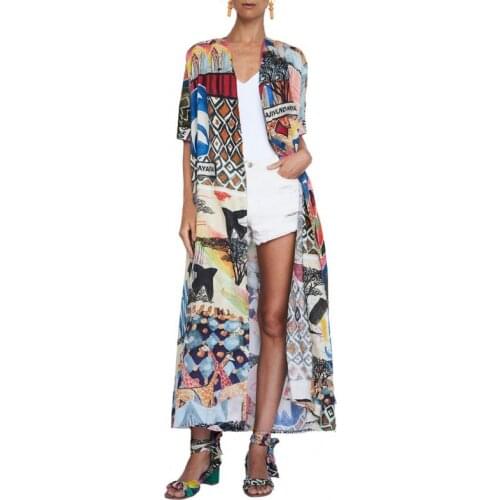 2020 Bohemian Printed Half Sleeve Summer Beach Wear Long Kimono Cardigan Cotton Tunic Women Tops Blouse Shirt Sarong plage