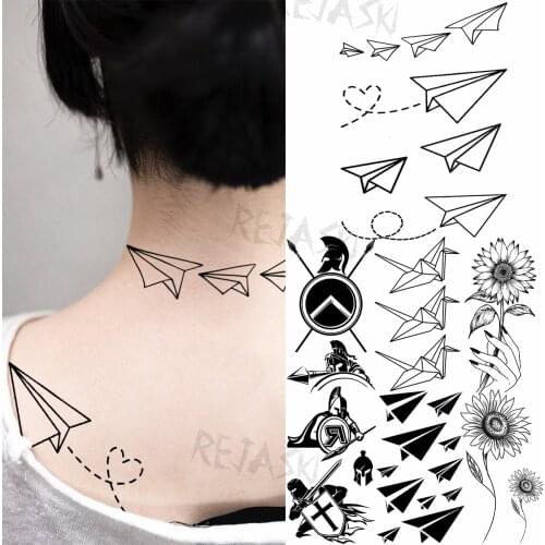 3D Black Small Geometric Plane Temporary Tattoos For Women Adult Spartan Sunflower Fake Tattoo Neck Wrist Feet Waterproof Tatoos