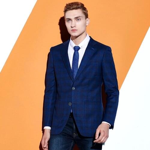 Blazer men slim fit single breasted smart casual office mans clothes 2018 autumn winter suits jacket deep blue plaid groom wear