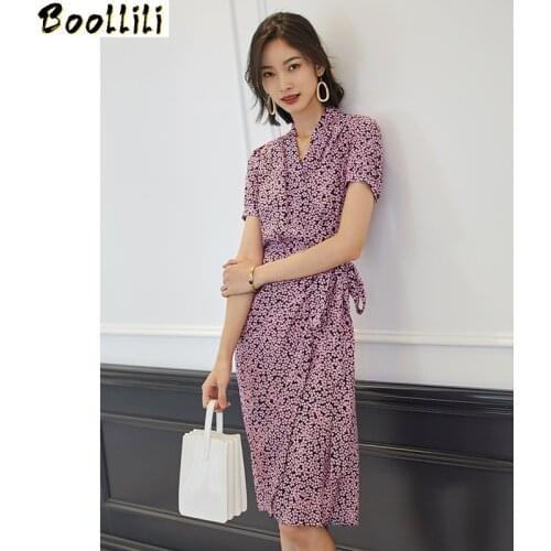 Boollili Summer Dress Real Silk Dress Women Korean Fashion Print Midi Beach Dress Elegant Vintage Party Dress Vestidos Mujer