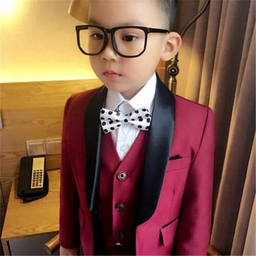 Dark Red Kid Wedding Suits For Boys 3Pieces(Jacket+Pants+Vest+Tie)Custom Made Boy Tuxedos Shawl Lapel Children Prom Suit 408