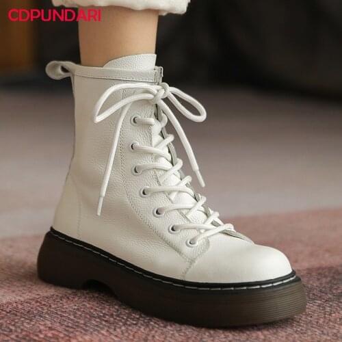 Black White Genuine Leather Flat Platform Ankle Boots Women Autumn Winter Martin Short Boots Casual Shoe Bottes Plateforme Femme