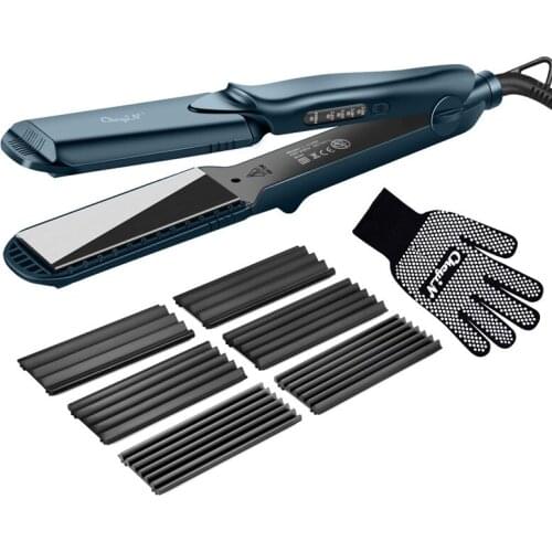 CkeyiN 4 in 1 Interchangeable Hair Straightener Professional Ceramic Flat Iron Corn Crimper Curler Corrugated Wave Crimping Iron