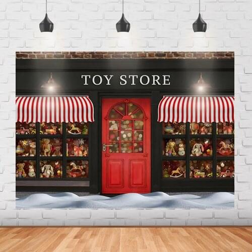 Christmas Toy Store Photography Background Wooden Shop Door Bear toy Shop window Baby Portrait Photo Background Gift decoration