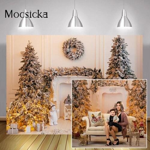 Xmas Fireplace Backdrop Wreath Christmas Tree Gifts Background Winter Family Portrait Photography Photo Studio Party Decorations