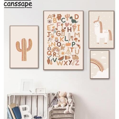 Cactus Print Unicorn Art Picture Rainbow Wall Paintings Alphabet Poster Nursery Wall Art Canvas Painting Kids Room Decoration