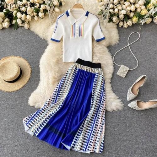 2021 Summer New Temperament OL Work 2 Piece Set Lapel Short-sleeved Knitted Shirt +Contrast Color Stitching Pleated Skirt Sets