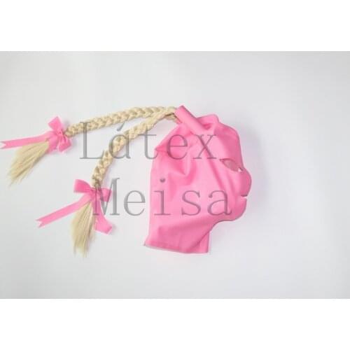 Pink color latex hood pigtails open eyes nostrils and mouth with back zip for women