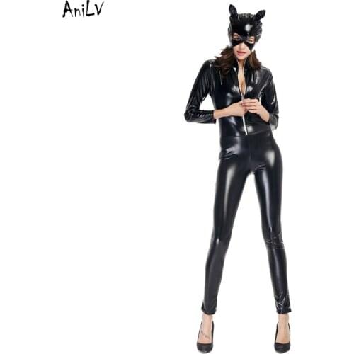 AniLV Cat Girl PU Leather Tight leotard Bodysuit Costume Woman Heroine Cool Punk Locomotive Stage Cosplay SCA LARP